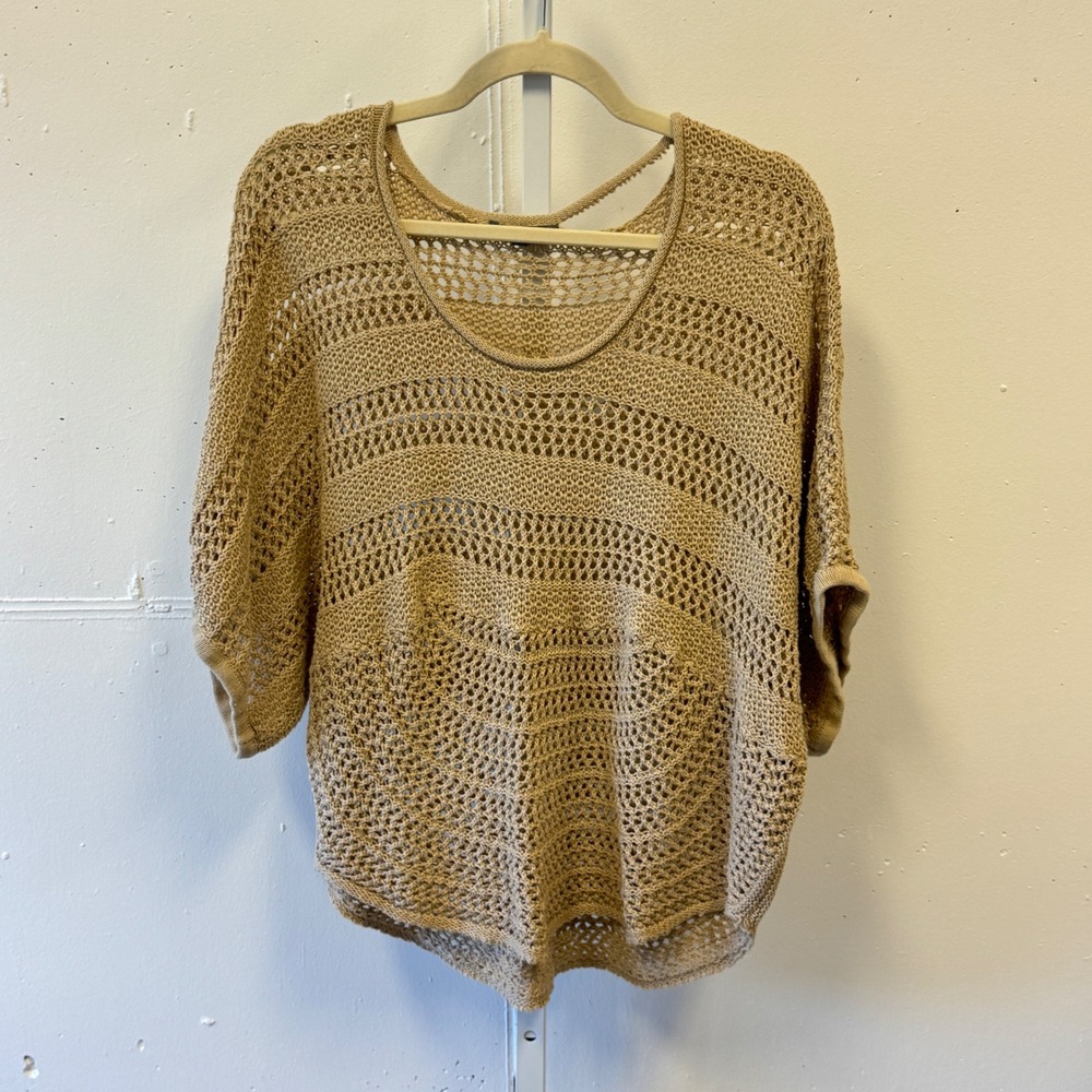 NY Collection Tan Open Knit Dolman Sleeve Sweater XL Beige Crochet Festival Boho